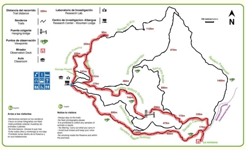 Map for our self-guided hike in the monteverde cloud forest