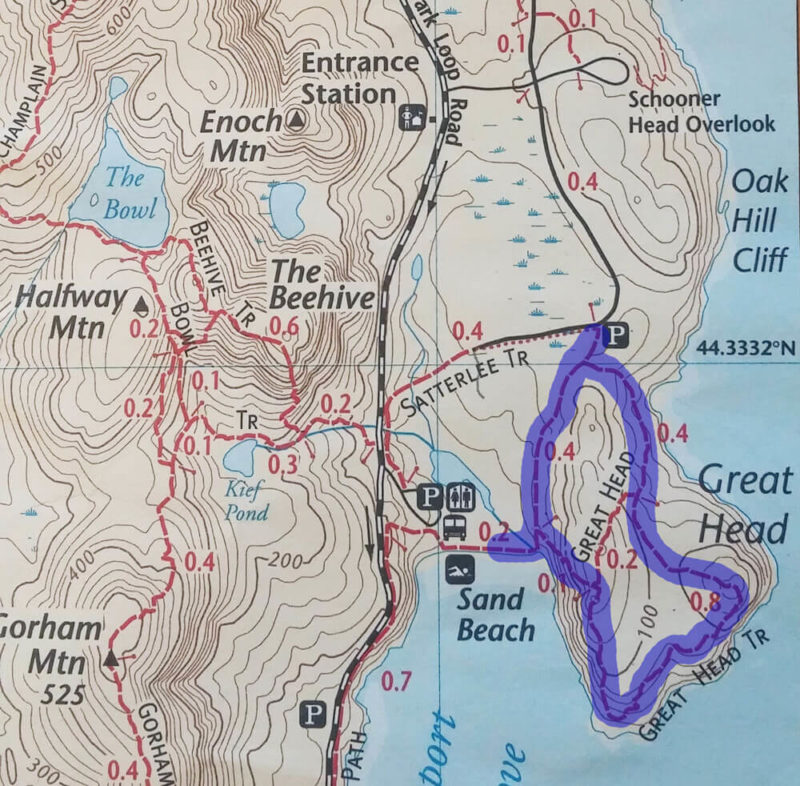 Great Head Trail Guide in Acadia National Park Map