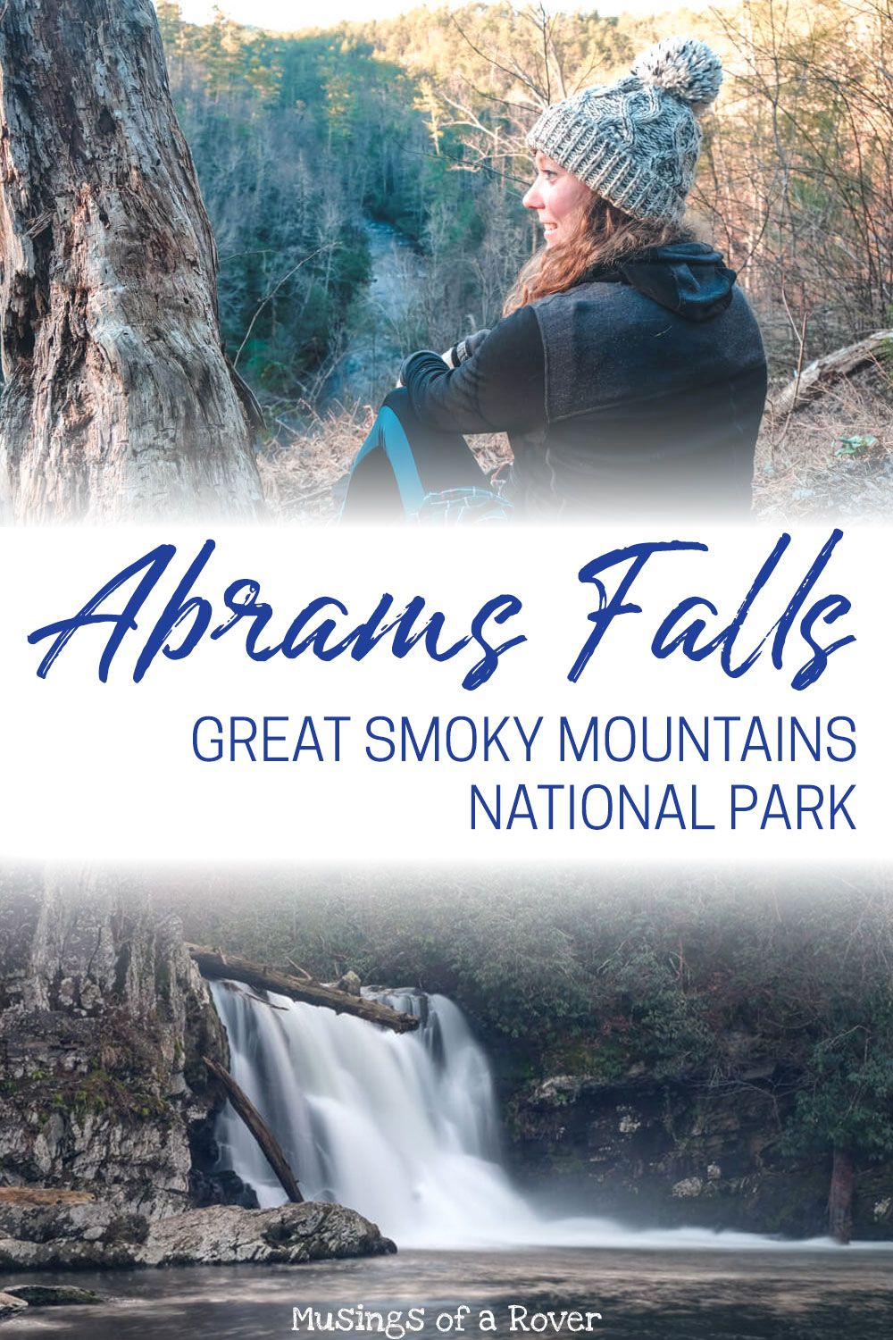 Abrams Falls Trail in Great Smoky Mountains National Park is a great waterfall hike! It's easily accessible from the Cades Cove Loop road and has a large parking lot. The trip to Abrams Falls is 5 miles roundtrip but is relatively flat. Expect to spend 2-3 hours hiking the trail!