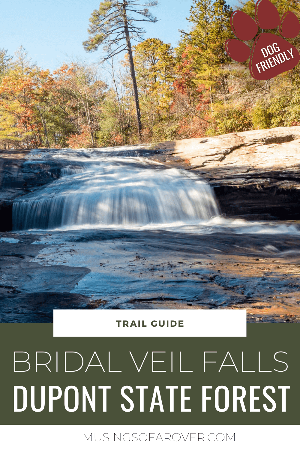 Want to see a beautiful and unique waterfall in Dupont State Forest? This 5 mile hike will take you to Bridal Veil Falls. The upper part of the waterfall tumbles over a 4ft overhanging ledge that was featured in the Last of the Mohicans. The bottom portion tumbles down a long slope and looks like a bride's veil.