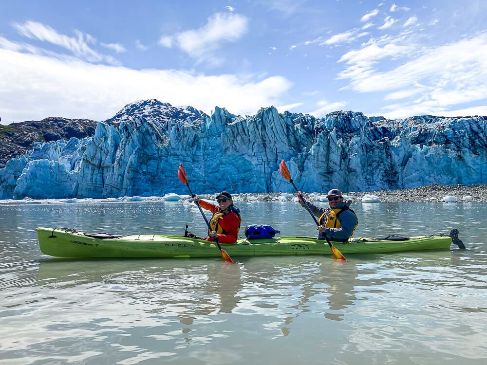 kayaking in front of lamplugh glacier