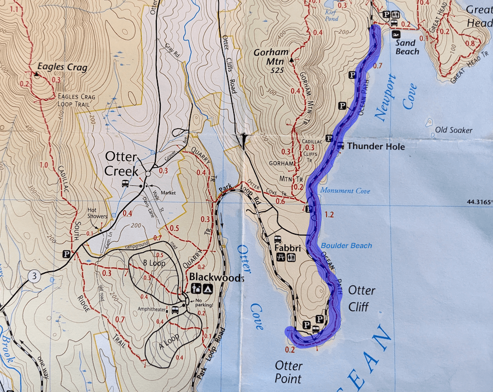 ocean path map in acadia national park